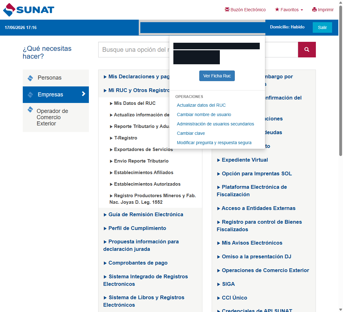 Menú del nombre de empresa → OPERACIONES → "Administración de usuarios secundarios".