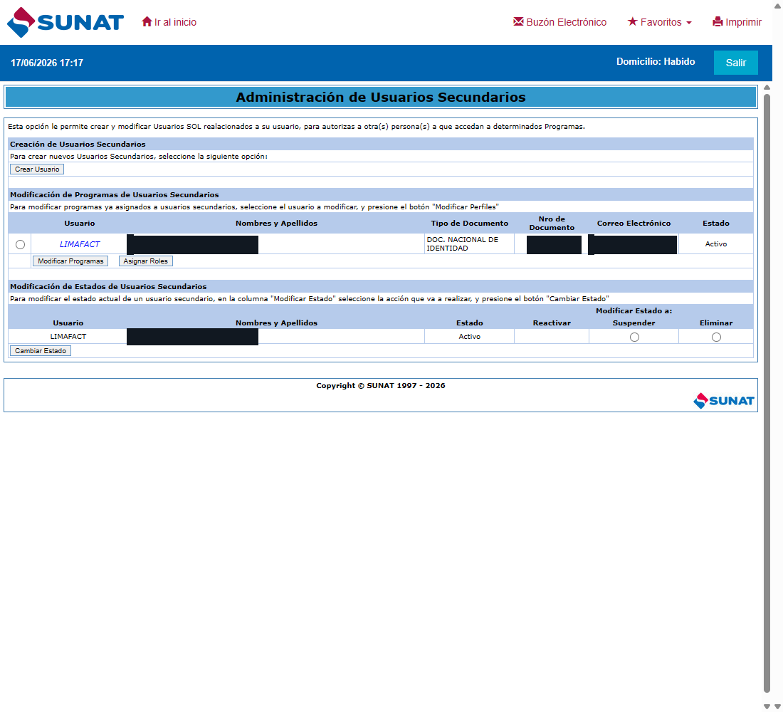 Pantalla "Administración de Usuarios Secundarios": botón "Crear Usuario" y la lista de usuarios.